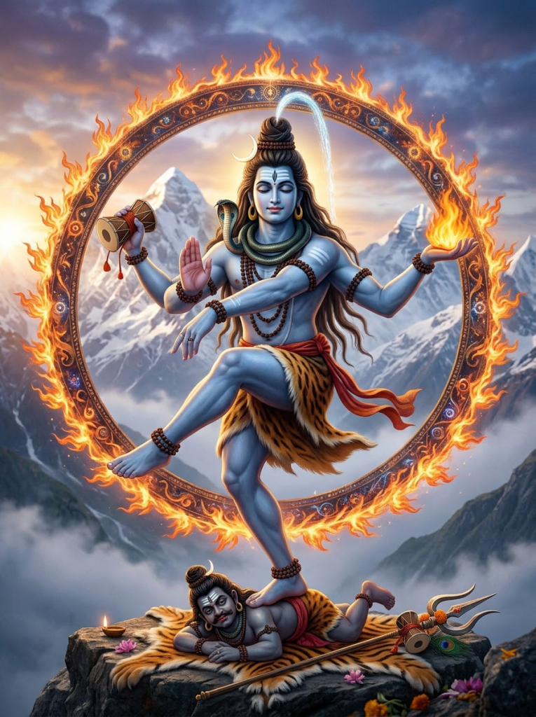 Lord Shiva as Nataraja performing the cosmic dance within a circle of flames