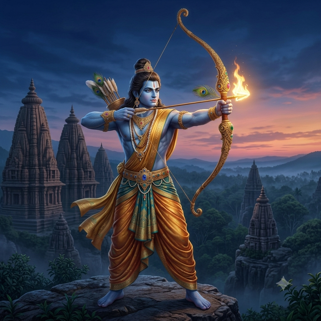 Lord Ram holding a bow before a temple landscape at sunset.