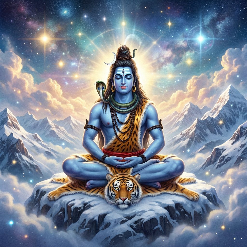 Lord Shiva meditating in a snowy mountain landscape.
