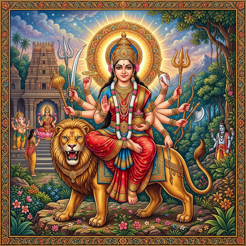 Mother Durga seated majestically on a lion, holding divine symbols and weapons in her many arms