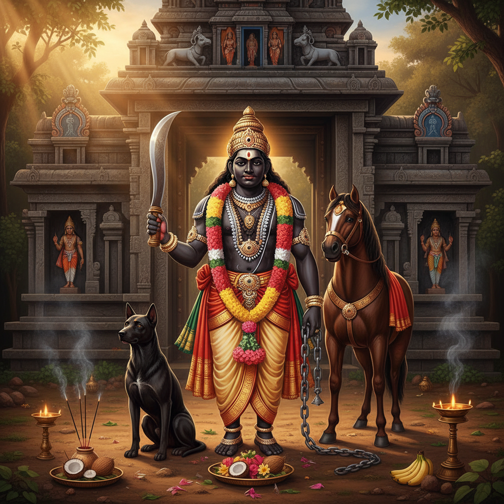Devotional artwork of a South Indian guardian deity associated with Sangili Karuppu