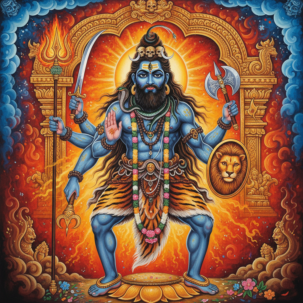 Veerabhadra shown as a fierce warrior form of Lord Shiva.