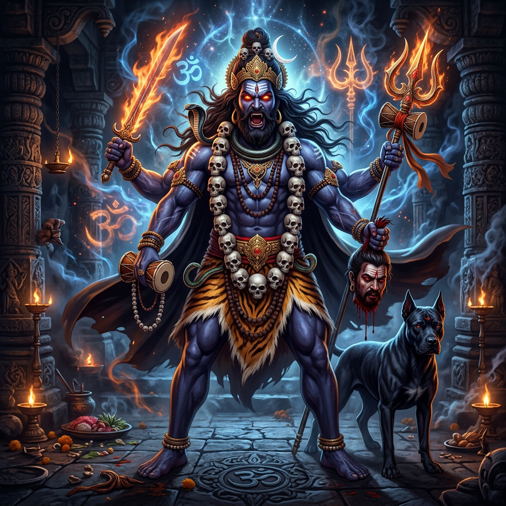 Kaal Bhairava in fierce guardian iconography with a trident, drum, sword, skull bowl, and dog vahana