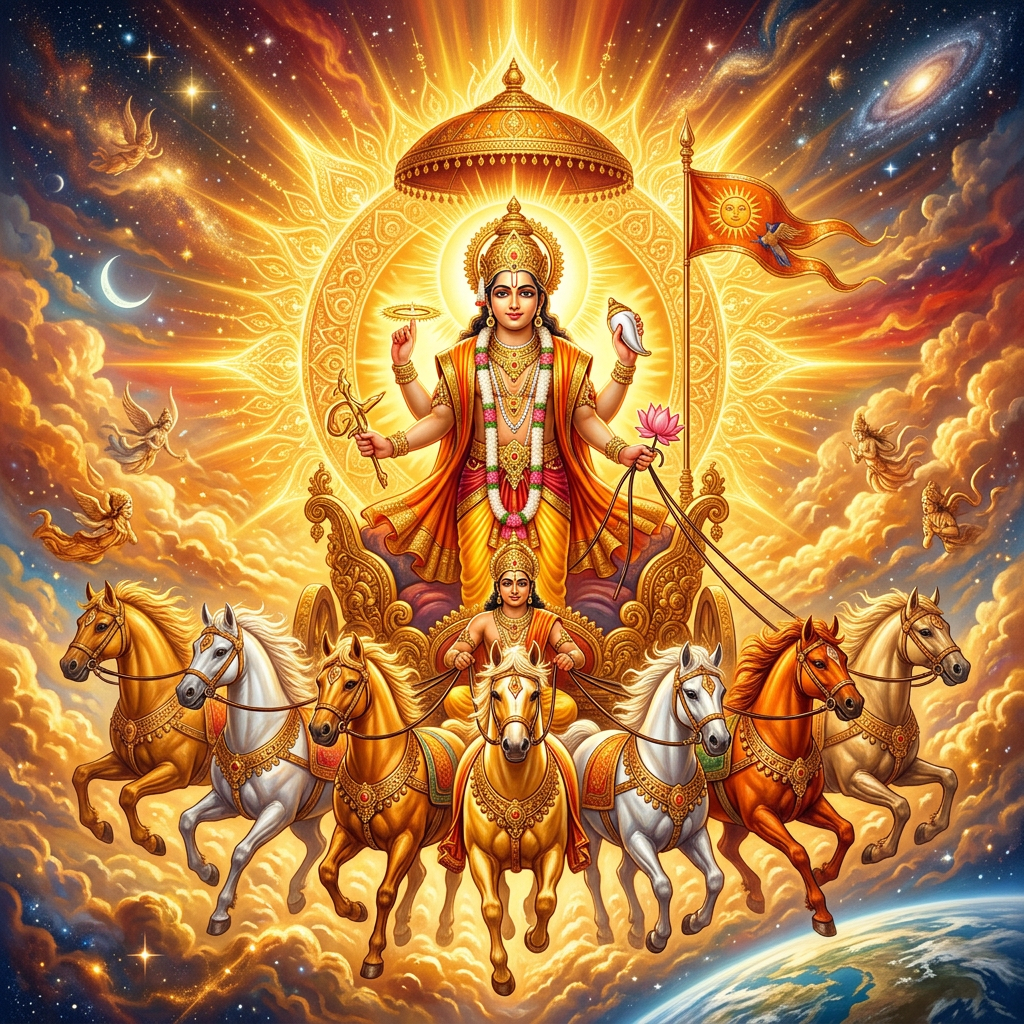 Surya Dev riding a radiant chariot drawn by seven horses.
