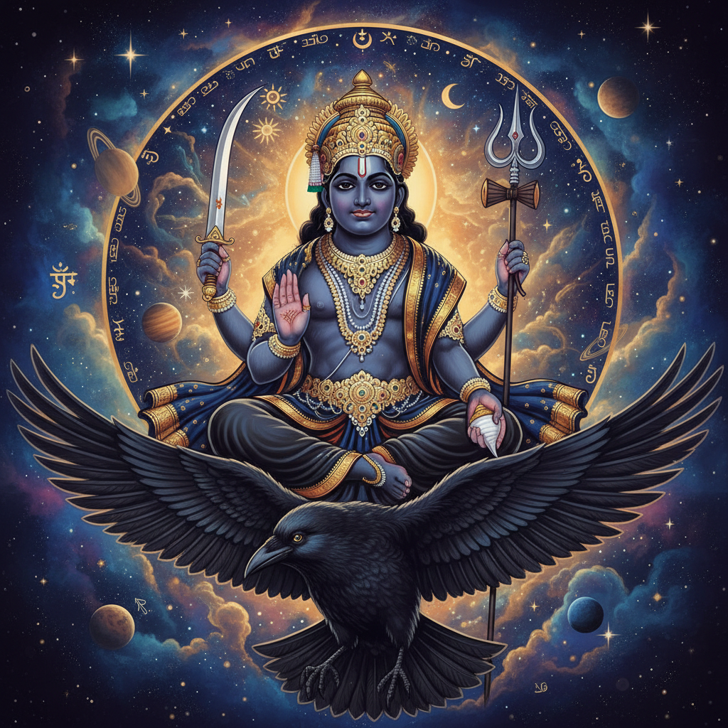 Devotional artwork of Shani Dev, the deity associated with Saturn and disciplined justice
