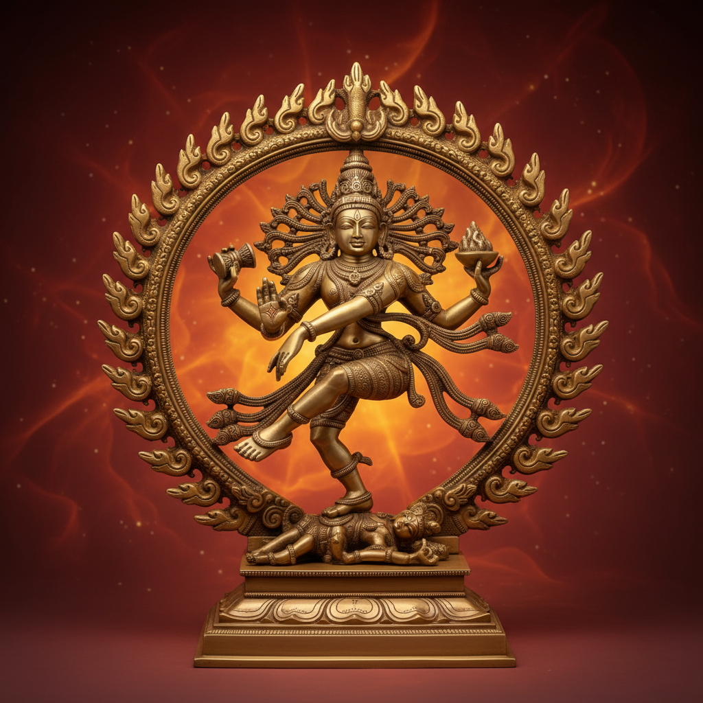 Devotional artwork of Lord Shiva as Nataraja dancing within a circle of flames