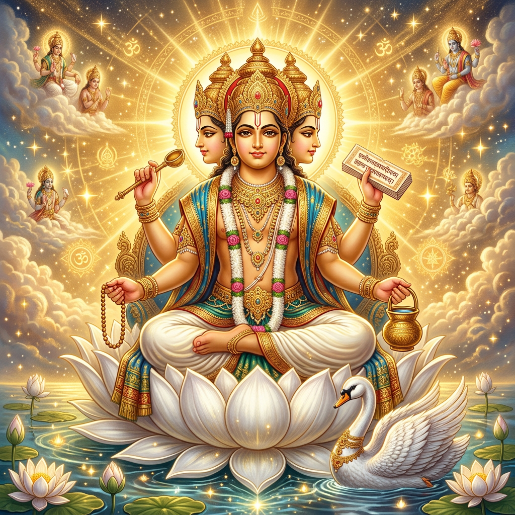 Devotional artwork of four-faced Lord Brahma seated with sacred objects