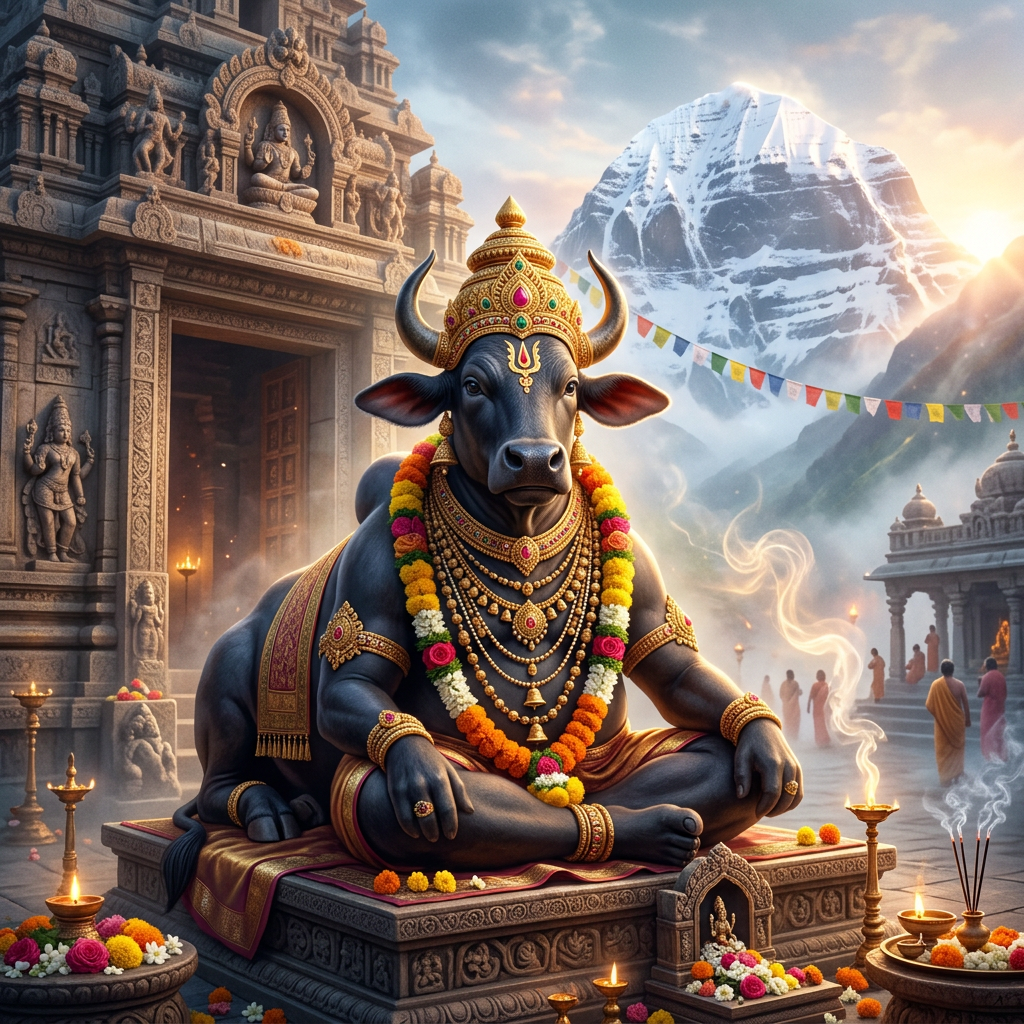 Nandi Baba, the sacred bull and devoted vahana of Lord Shiva, seated in a mountain landscape