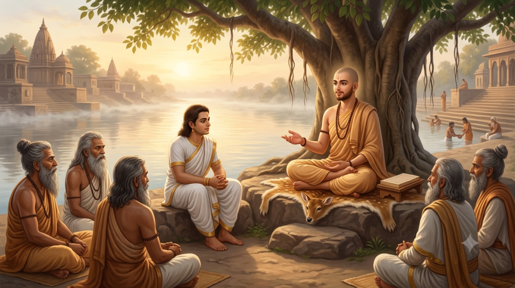 Sage Shuka teaches King Parikshit and assembled sages beneath a banyan tree beside the Ganga.