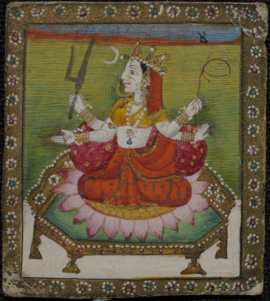 Historical miniature painting of a four-armed Goddess seated on a lotus throne.