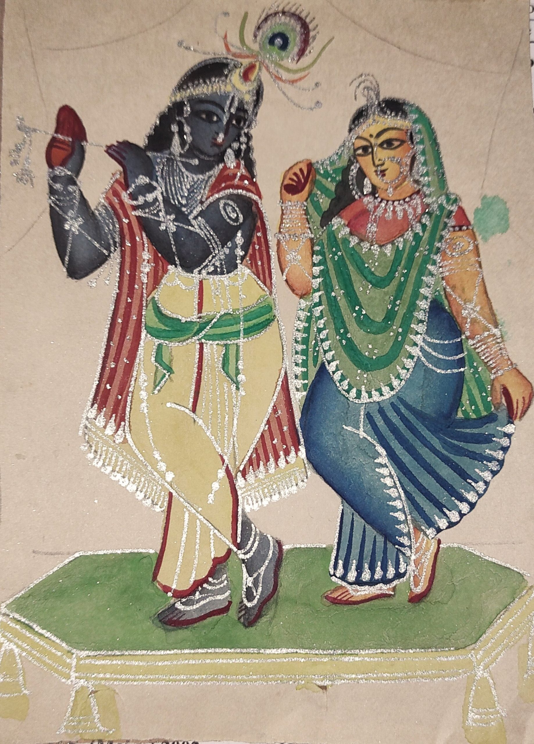 Historical Kalighat painting of Radha and Krishna standing together.