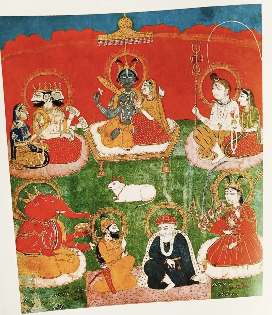 Eighteenth-century devotional painting showing major Hindu deities including Ganesha, Brahma, Saraswati, Vishnu, Lakshmi, Shiva, and Parvati.