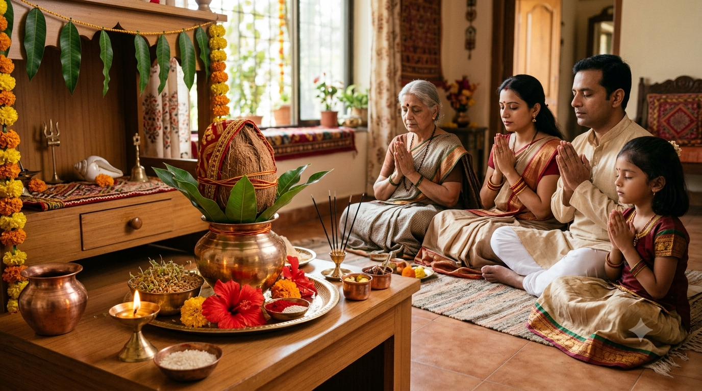 Chaitra Navratri home worship with a brass kalash, coconut, mango leaves, red flowers, lamp, and family in prayer