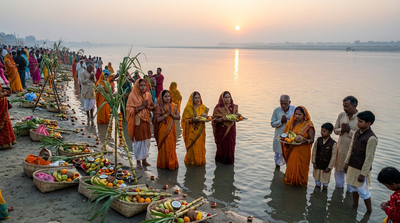 Families standing safely at a riverbank offering arghya to the setting Sun with bamboo baskets of fruit during Chhath Puja