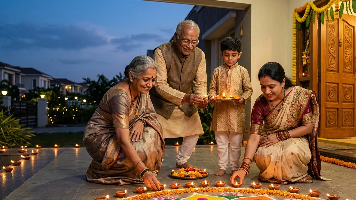 A multigenerational Hindu family lighting diyas beside a rangoli at dusk