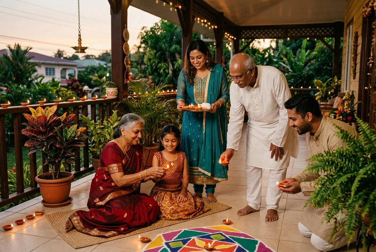 A Hindu family arranging diyas around a rangoli on a decorated veranda