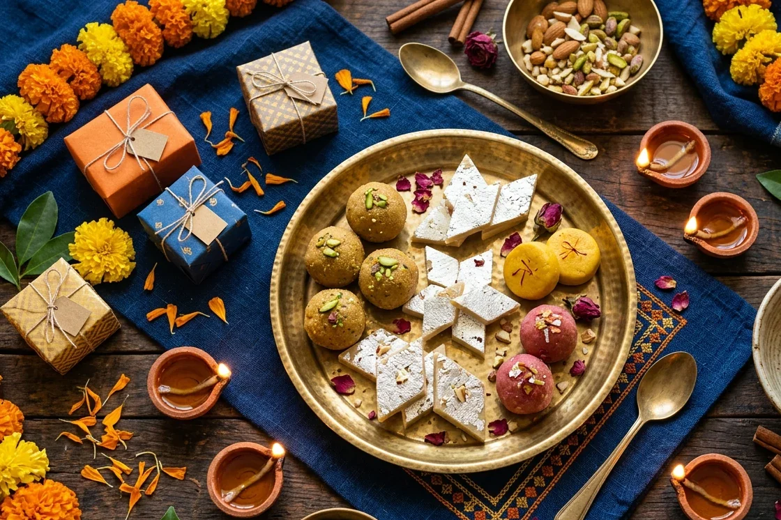 A brass tray of Indian sweets surrounded by diyas, marigolds, and wrapped gifts