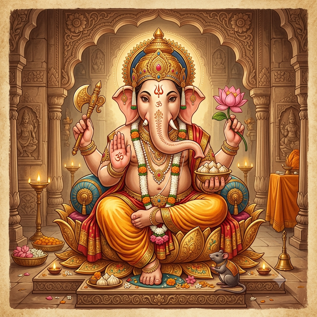 Lord Ganesha seated in a temple setting, with an elephant head, four arms, and a radiant golden halo