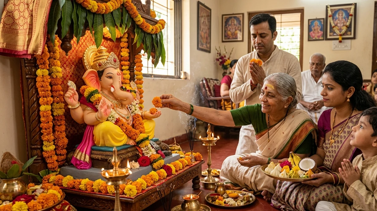 A family offering flowers before a decorated Ganesha murti during Ganesh Chaturthi