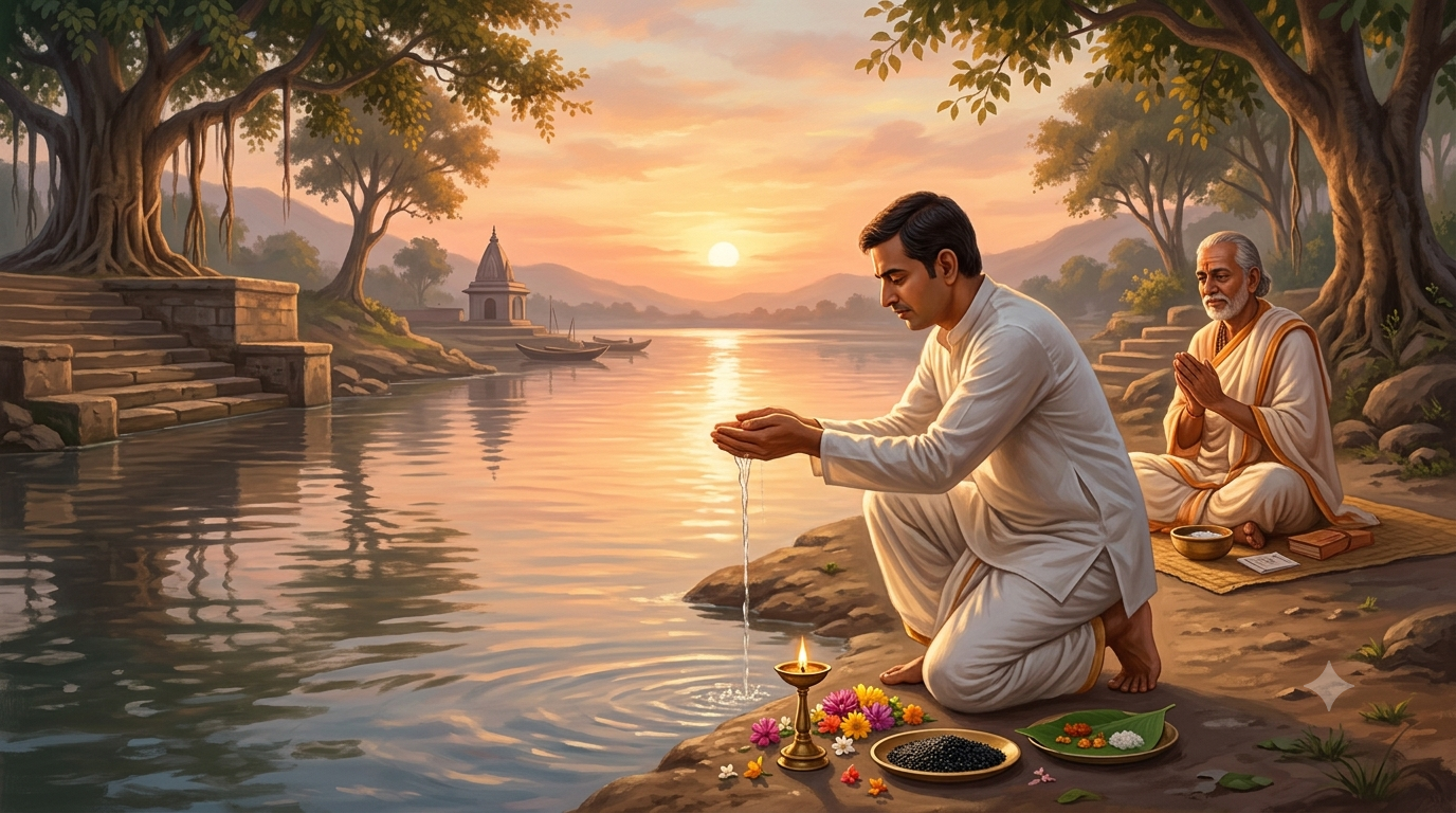 A Hindu householder offers water at sunrise beside a river while a priest guides the ancestral remembrance ritual.