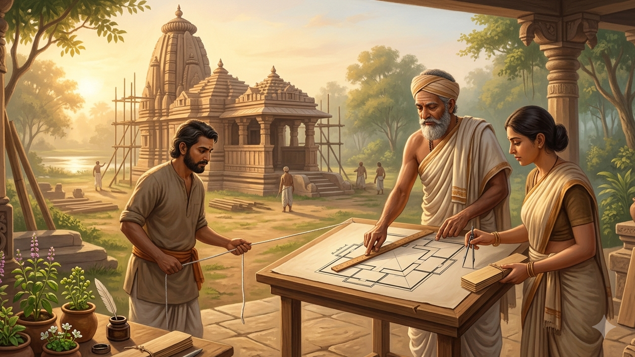 Ancient Indian temple architects study a geometric ground plan while a stone temple is built in the background.