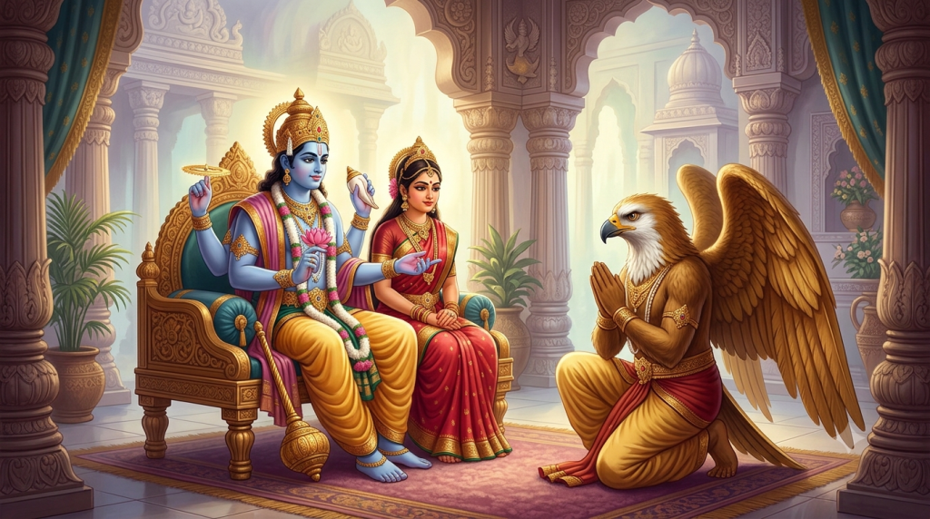 Lord Vishnu and Goddess Lakshmi seated in Vaikuntha while Garuda kneels respectfully to receive sacred instruction.
