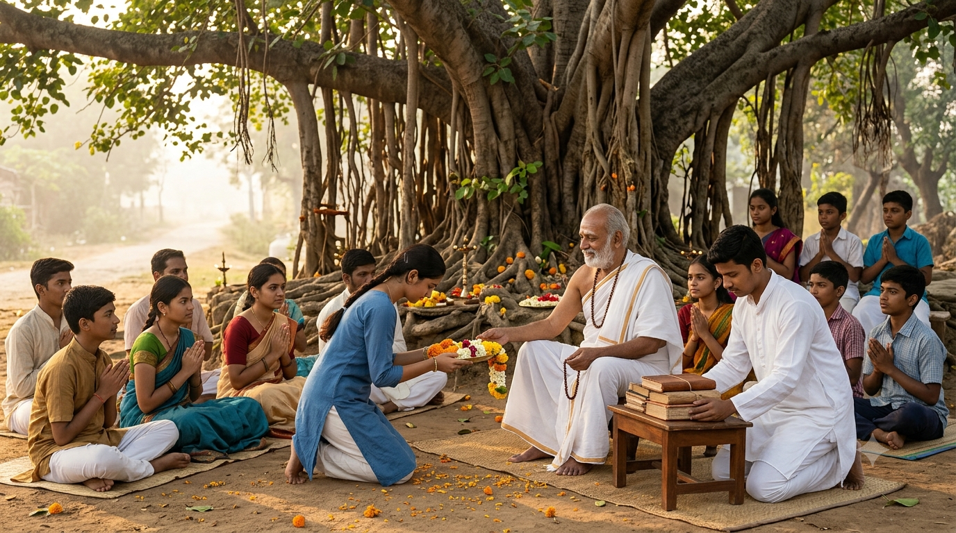 Students respectfully offering flowers to an elderly spiritual teacher beneath a banyan tree during Guru Purnima