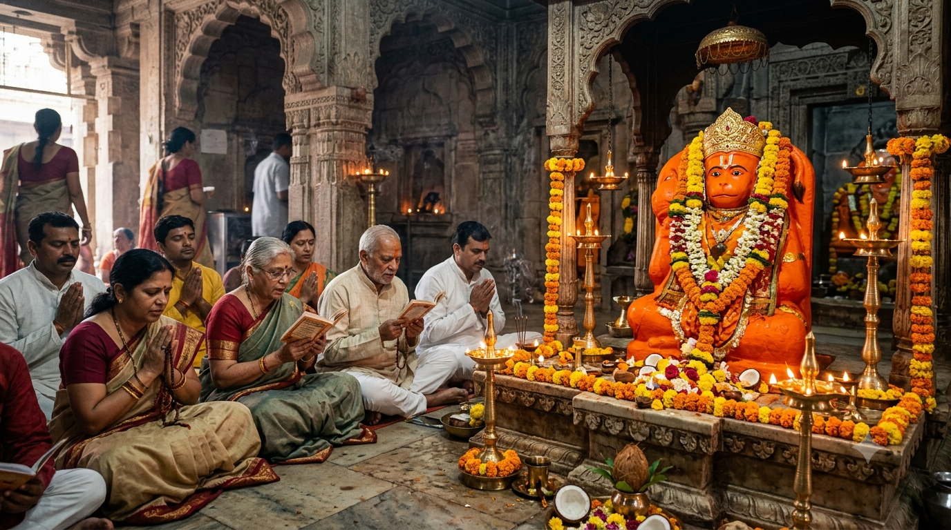Hanuman murti decorated with marigolds and sindoor while devotees recite prayers in a temple