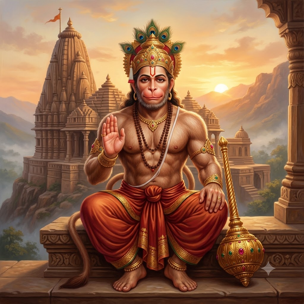 Lord Hanuman raising one hand in blessing with a golden mace beside him in a temple landscape