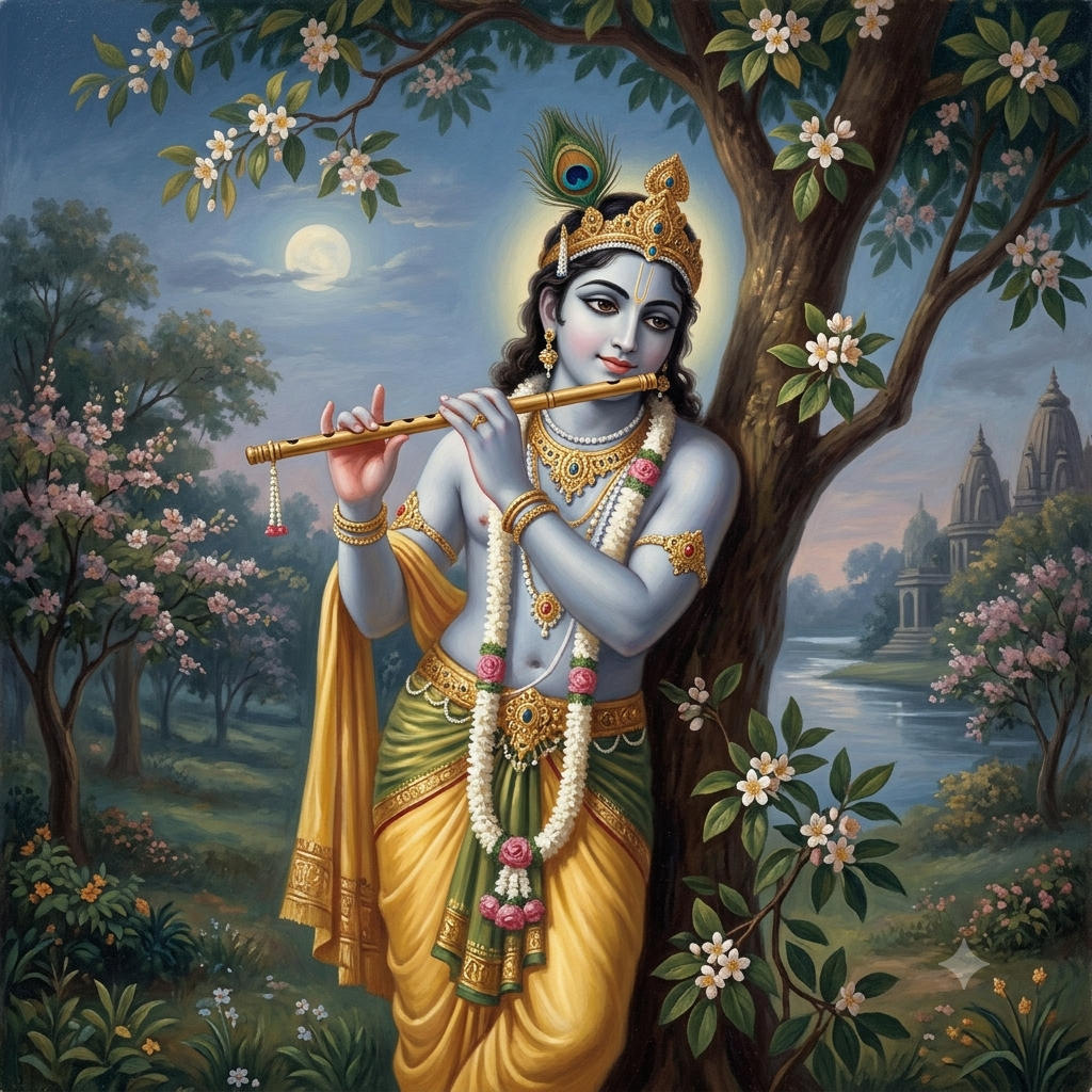 Lord Krishna playing the flute under a flowering tree in a peaceful Vrindavan-style setting.