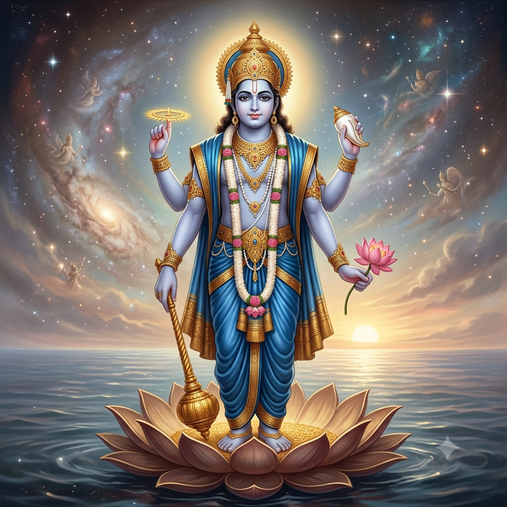 Lord Vishnu standing on a lotus with conch, discus, mace, and lotus in a cosmic ocean setting.