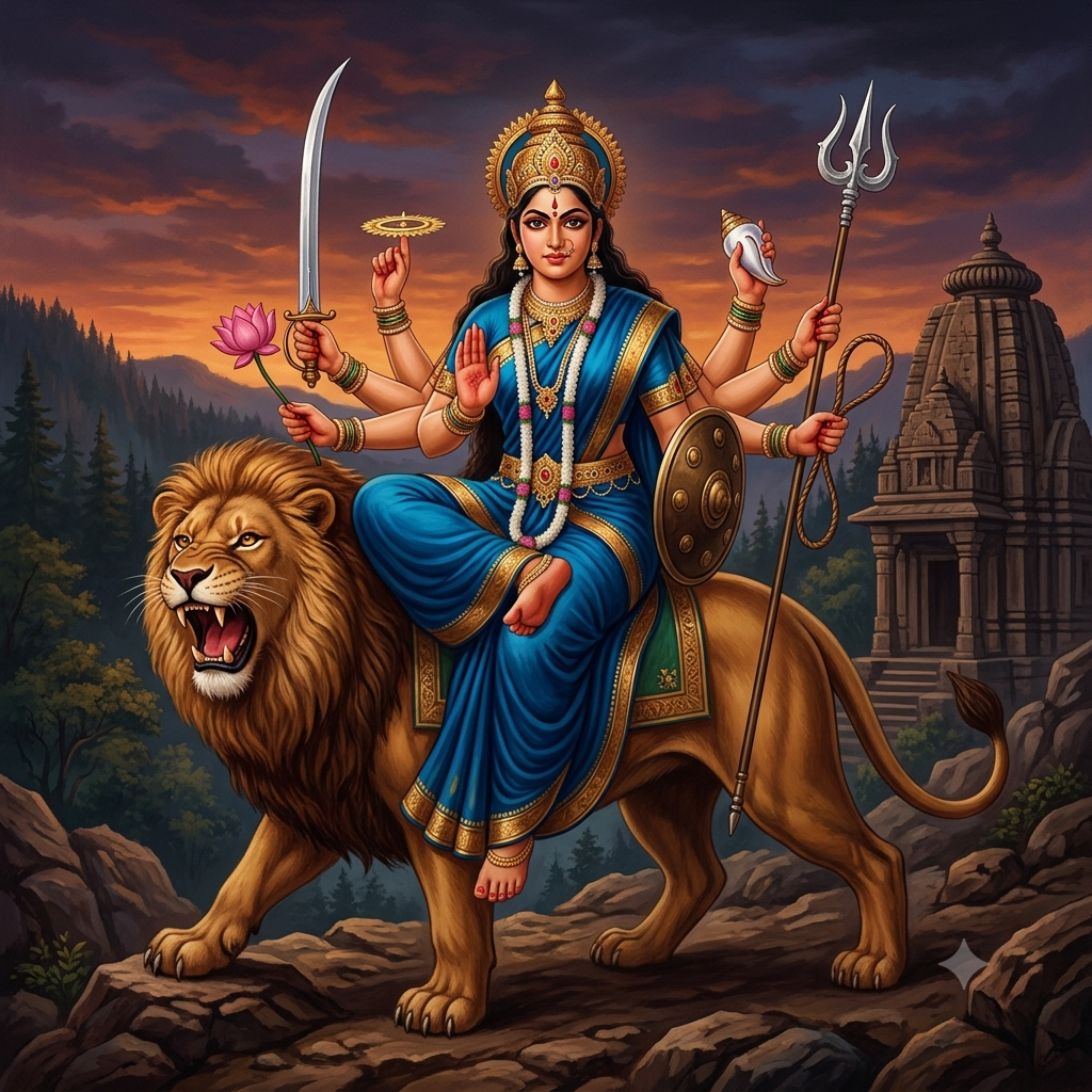 Mother Katyayani riding a lion with traditional symbols of divine strength and protection.