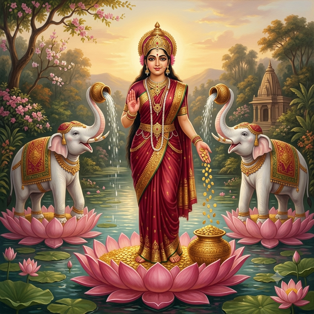Mother Lakshmi standing on a lotus with elephants and gold coins, symbolizing prosperity and grace.