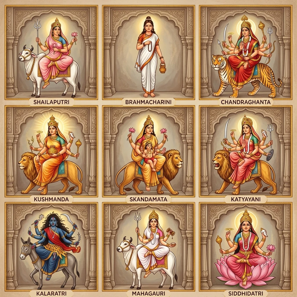 Nine-panel devotional illustration of the Navadurga forms: Shailaputri, Brahmacharini, Chandraghanta, Kushmanda, Skandamata, Katyayani, Kalaratri, Mahagauri, and Siddhidatri