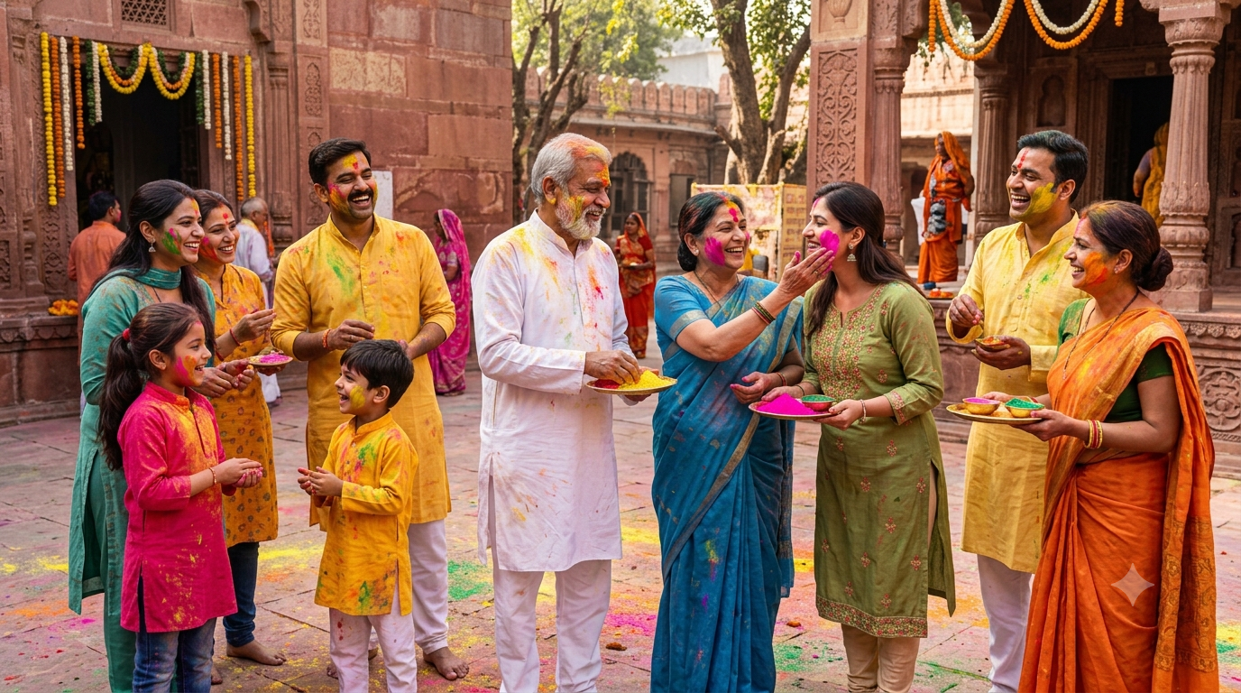 Indian families and friends respectfully celebrating Holi outdoors with colorful dry powders in a temple courtyard