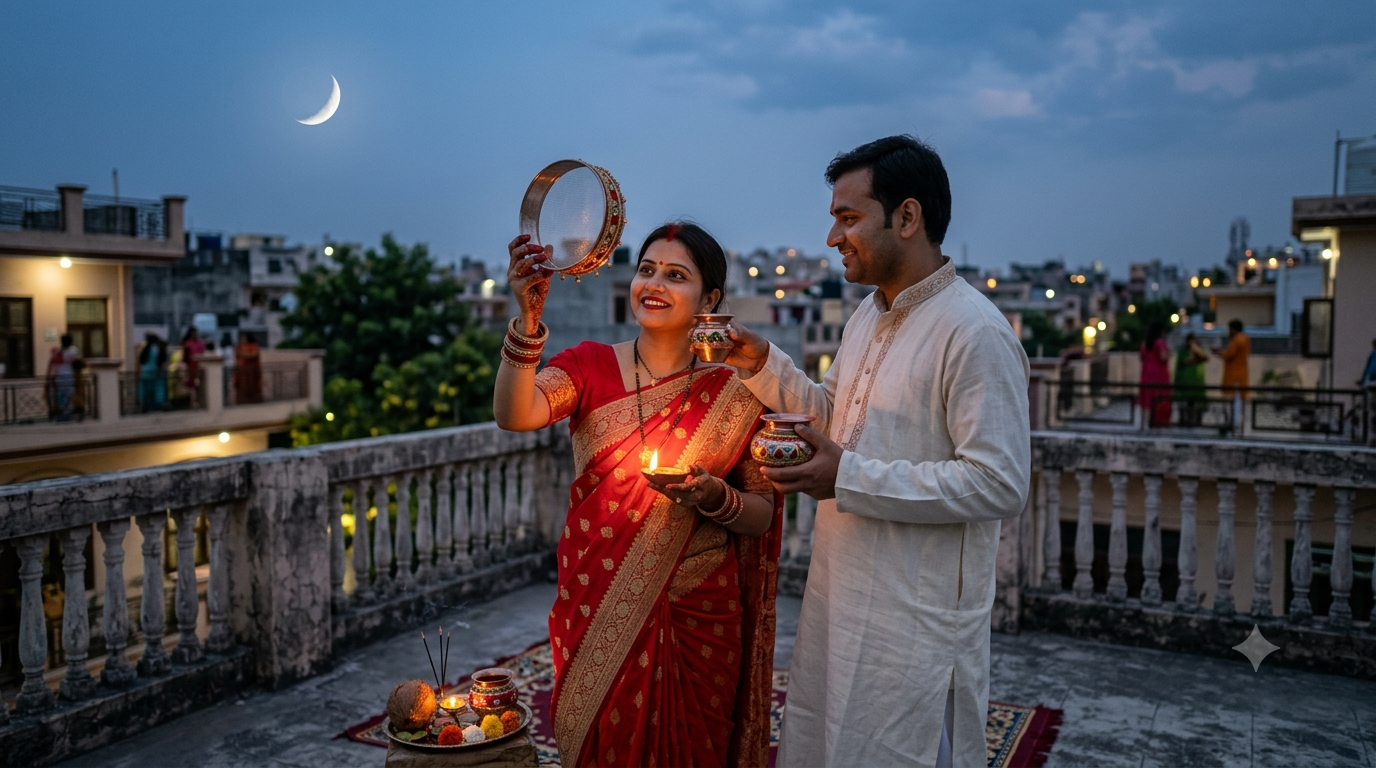 Married couple respectfully observing Karwa Chauth at moonrise with a decorated sieve, lamp, and water vessel
