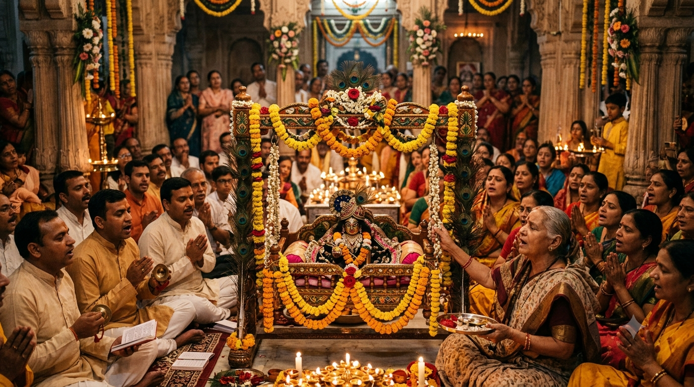 Respectful Krishna Janmashtami midnight temple celebration with cradle shrine, flowers, lamps, and devotees singing