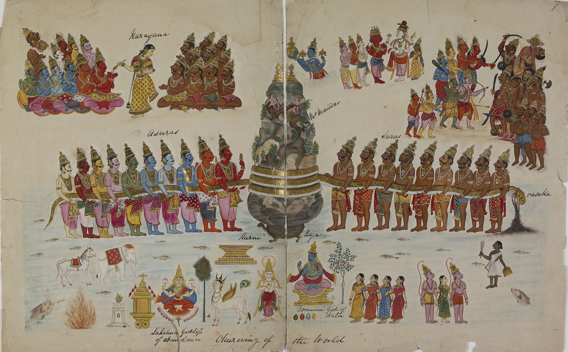 Historical painting of the churning of the ocean, with divine and asuric participants arranged around the cosmic event.