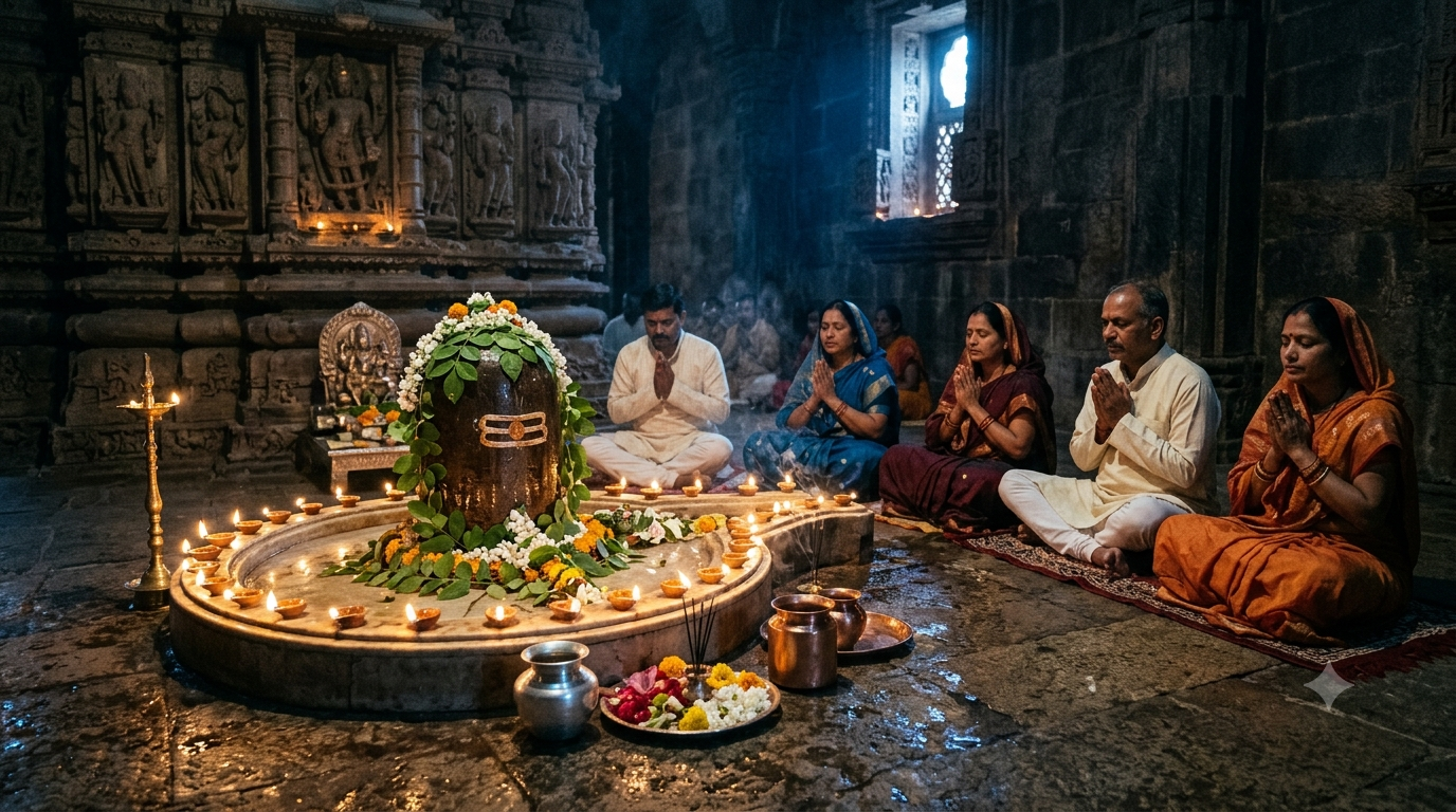 Shiva lingam decorated with bilva leaves, white flowers, and oil lamps while devotees pray during Maha Shivaratri