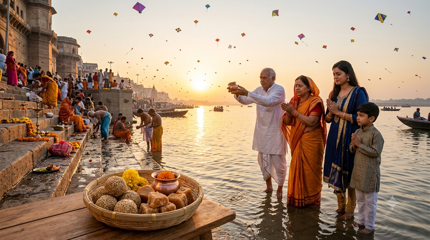 Family offering water to the rising Sun at a riverside ghat as colorful kites fly, with a basket of sweets in the foreground