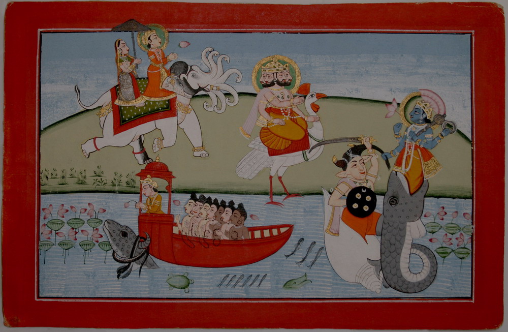 Historical painting of Matsya guiding Manu and the ark through the flood.