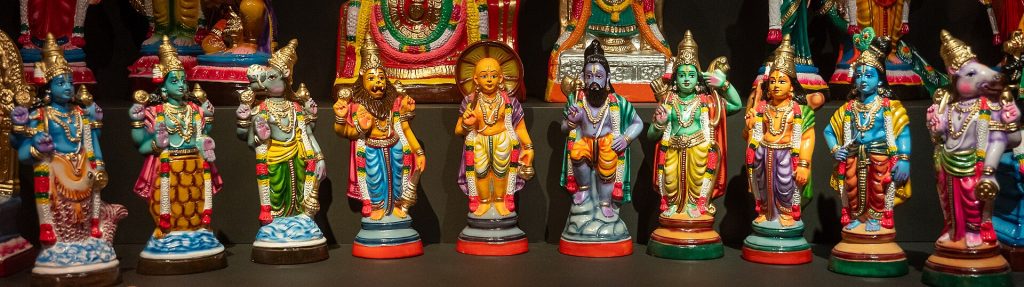 Traditional painted figurines representing Vishnu’s Dashavatara, including Matsya.