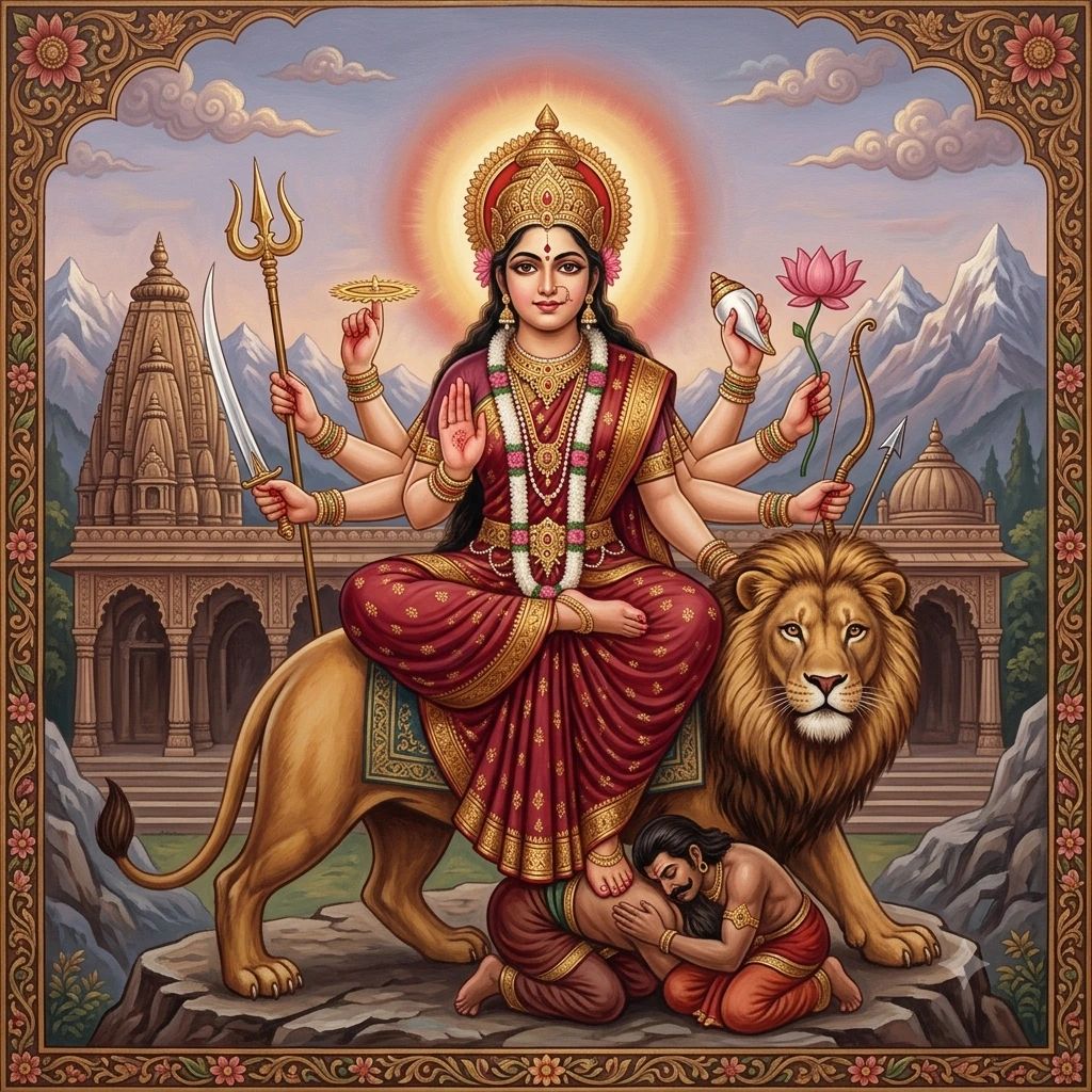 Mother Durga seated with multiple arms holding sacred objects beside a lion