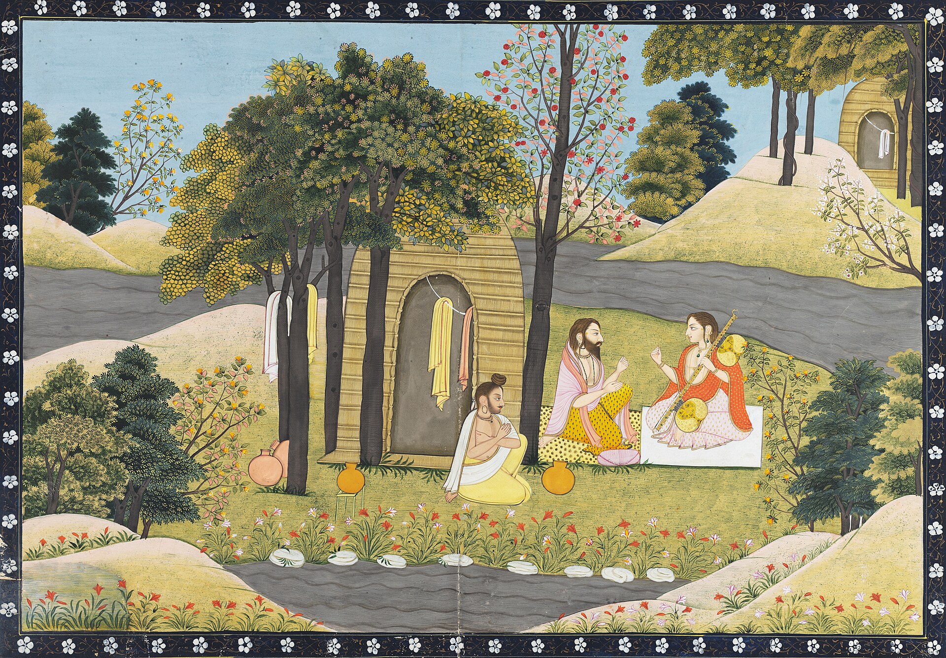 Historical painting of sage Narada visiting Valmiki at his forest hermitage.