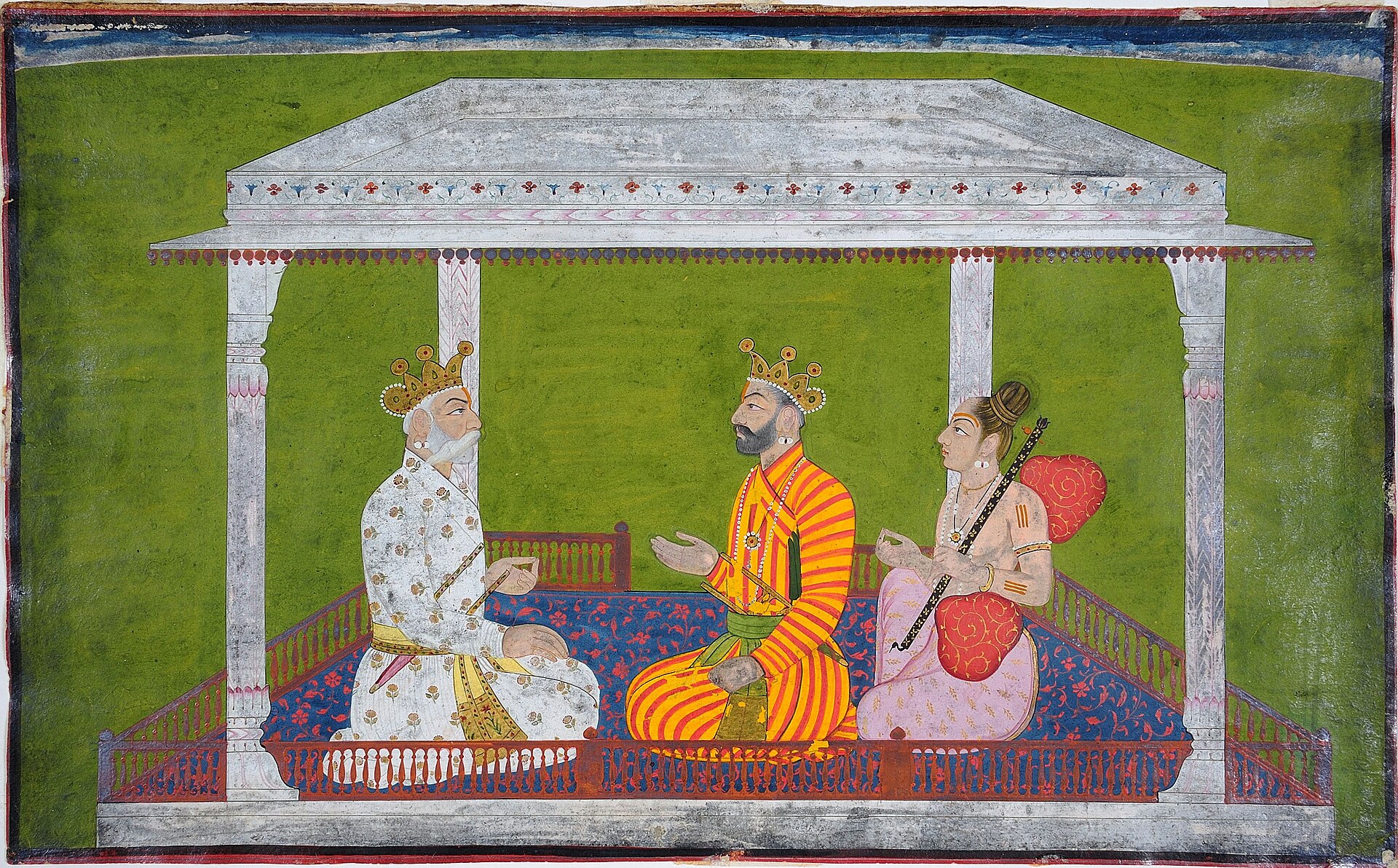 Historical painting of sage Narada holding a veena during a royal discussion.