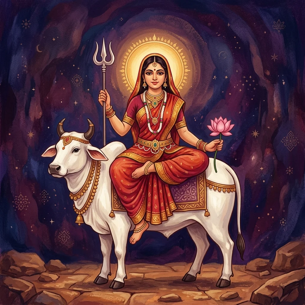 Contemporary editorial illustration of Shailaputri seated on a white bull, holding a trident and lotus.