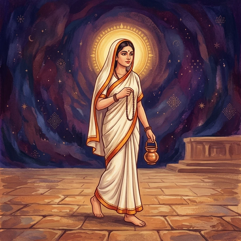 Contemporary editorial illustration of Brahmacharini walking barefoot in white, holding prayer beads and a water pot.