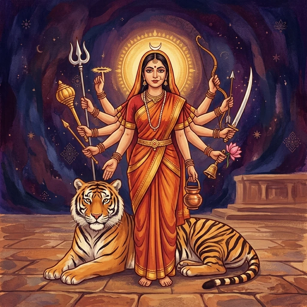 Contemporary editorial illustration of Chandraghanta with a crescent ornament, multiple arms and a tiger.