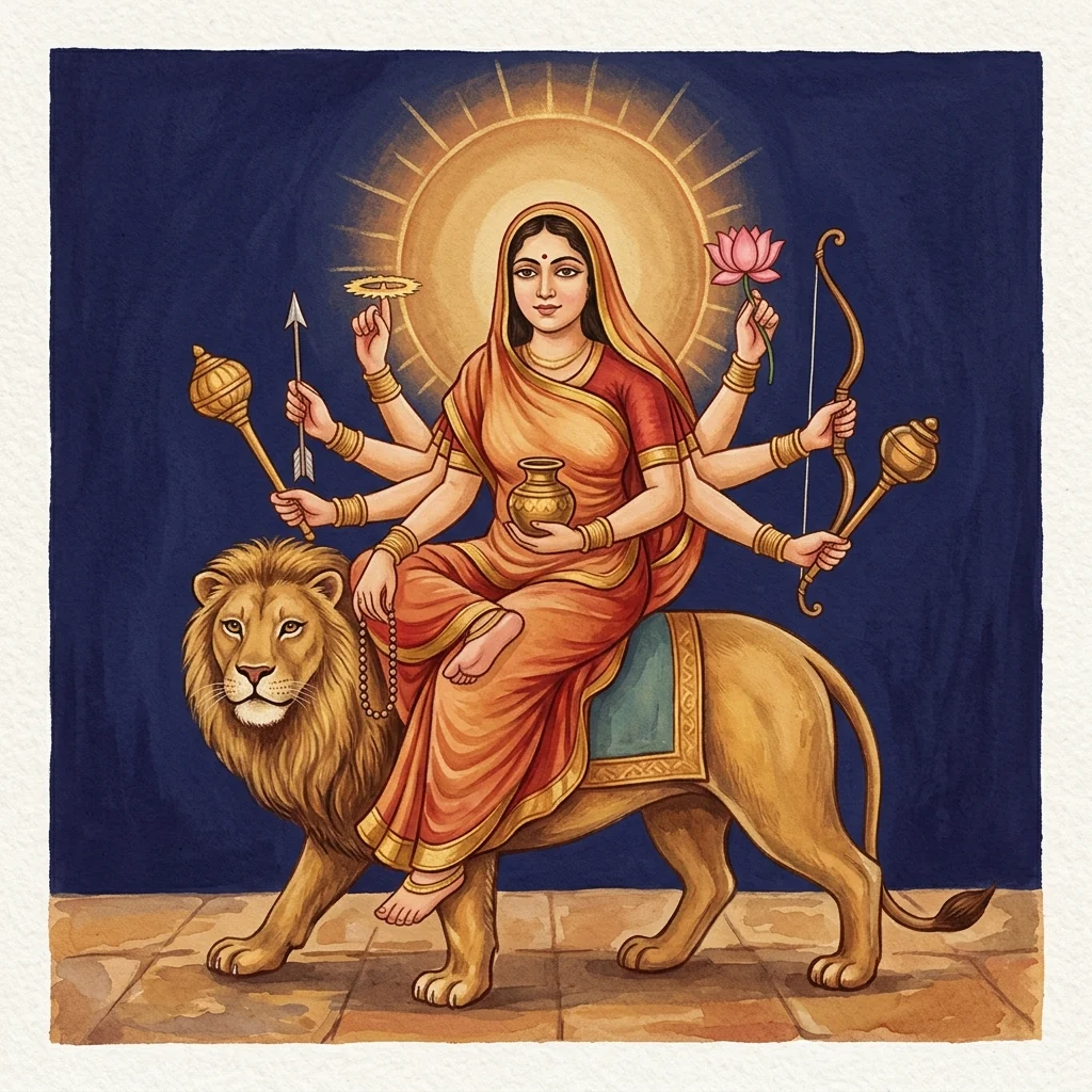Contemporary editorial illustration of Kushmanda seated on a lion with eight arms holding devotional and martial attributes.