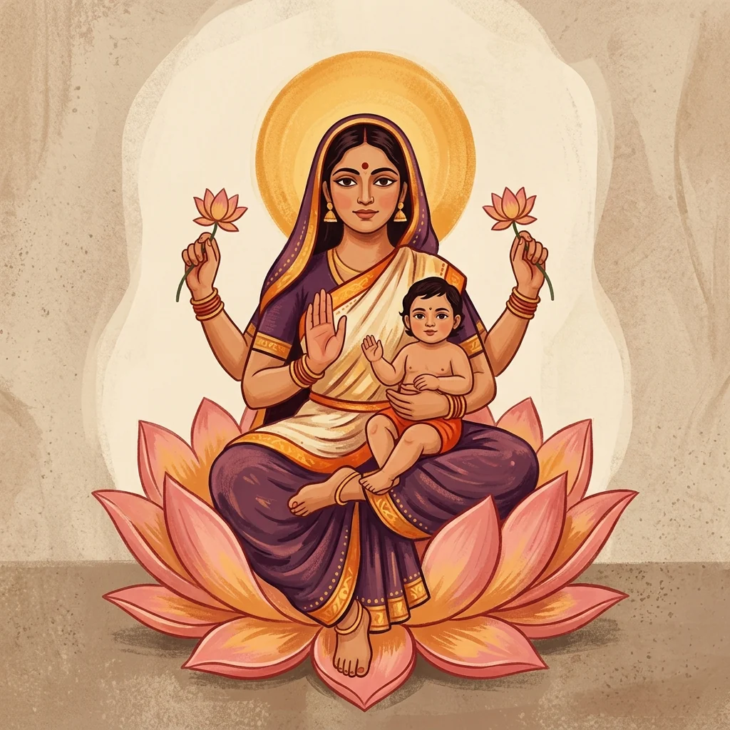 Contemporary editorial illustration of Skandamata seated on a lotus with the child Skanda on her lap.